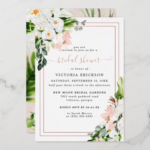 Blush Pink and White Tropical Floral Bridal Shower Foil Invitation