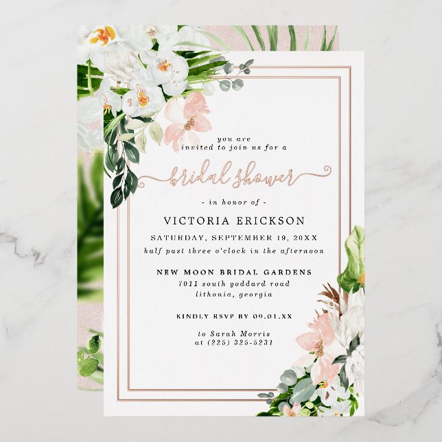 Blush Pink and White Tropical Floral Bridal Shower Foil Invitation (Front/Back)