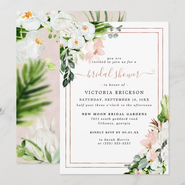 Blush Pink and White Tropical Floral Bridal Shower Invitation (Front/Back)