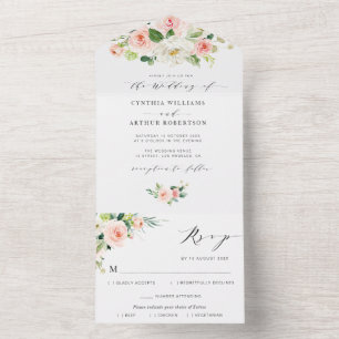 blush pink and white watercolor floral wedding all in one invitation