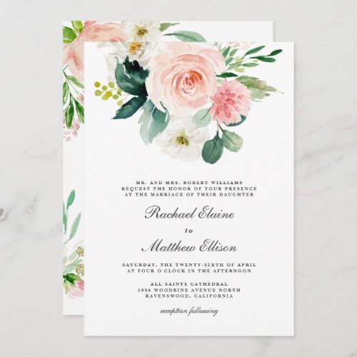 Blush Pink and White Watercolor Floral Wedding Invitation