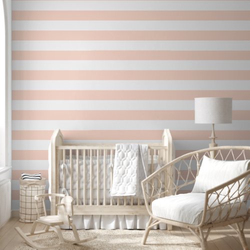 Blush Pink and White Wide Horizontal Stripes Wallpaper