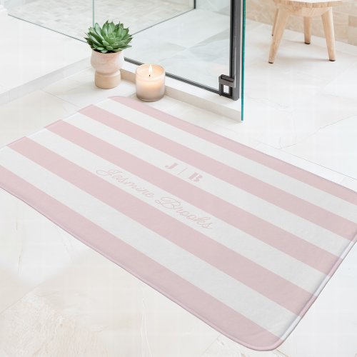 Blush Pink And White Wide Stripes Monogram Name Bath Mat