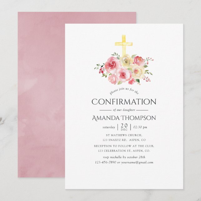 Blush Pink and Yellow Floral Confirmation Invitation (Front/Back)
