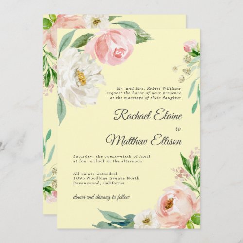 Blush Pink and Yellow Watercolor Floral Wedding In Invitation