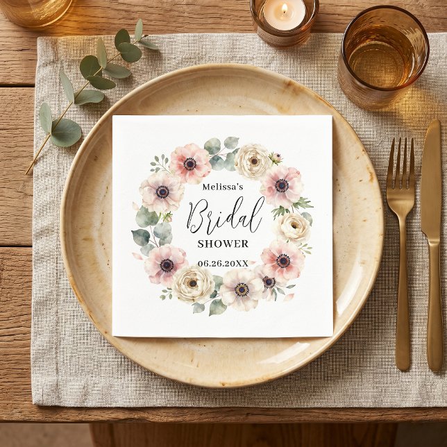 Blush Pink Anemone Floral Wreath Bridal Shower Napkins (Creator Uploaded)