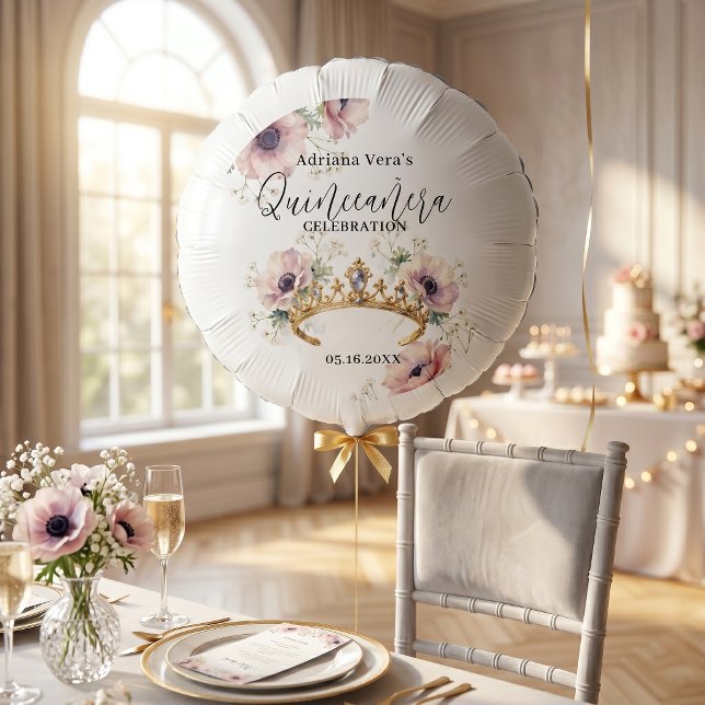 Blush Pink Anemones Gold Tiara Quinceañera Balloon (Creator Uploaded)