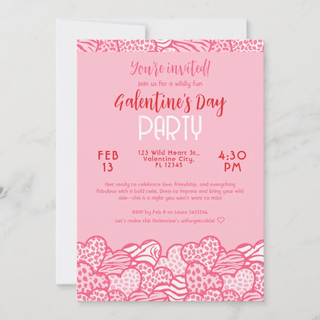 Blush Pink Animal Print Heart Galentines Day Party Invitation (Front)
