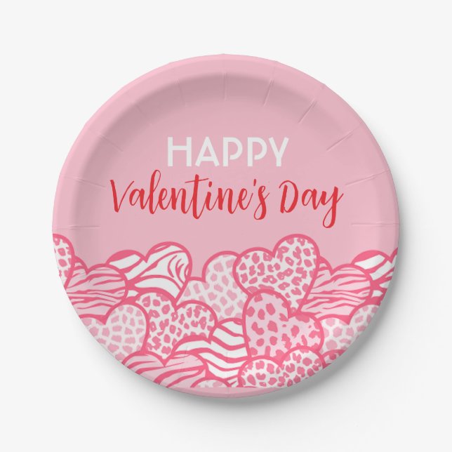 Blush Pink Animal Print Heart Valentines Day Party Paper Plates (Front)