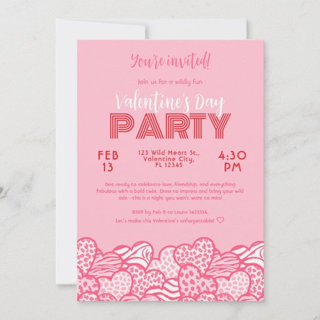 Blush Pink Animal Print Hearts Valentines Party Invitation (Front)