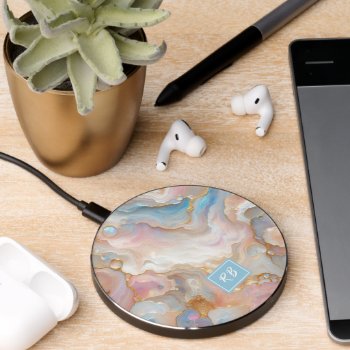 Blush Pink Aqua Blue Gold White Marble Art Pattern Wireless Charger by CaseConceptCreations at Zazzle