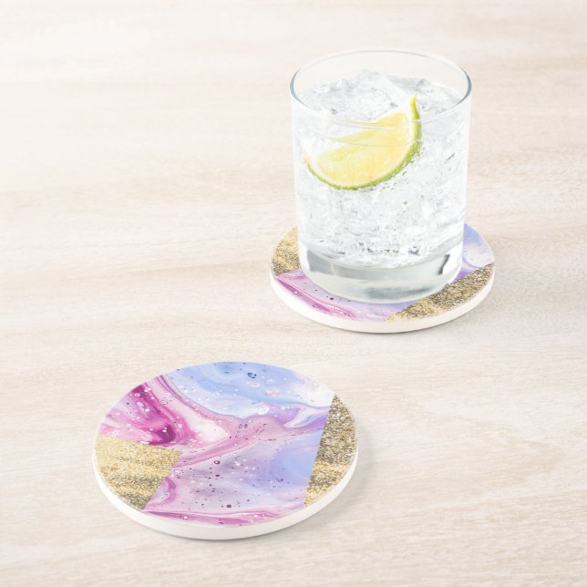 Blush Pink Aqua Blue Liquid Marble Glitter Geo Coaster (Side)
