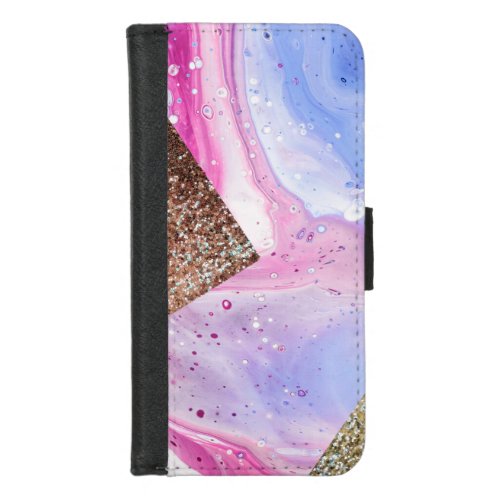 Blush Pink Aqua Blue Liquid Marble Glitter Geo iPhone 87 Wallet Case