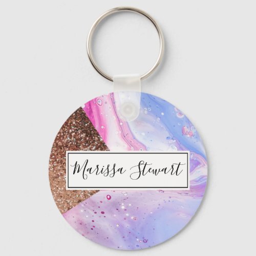 Blush Pink Aqua Blue Liquid Marble Glitter Geo Keychain