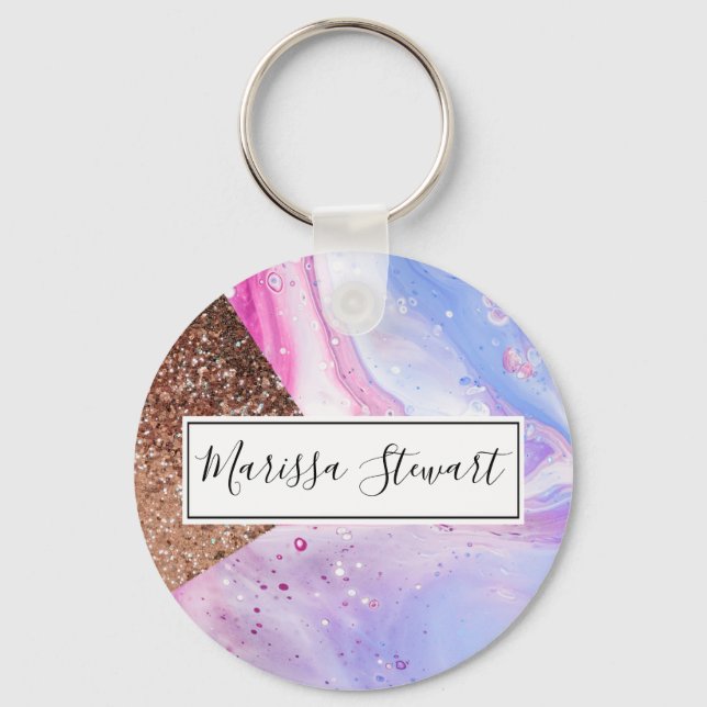 Blush Pink Aqua Blue Liquid Marble Glitter Geo Keychain (Front)