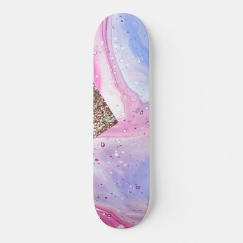 Blush Pink Aqua Blue Liquid Marble Glitter Geo Skateboard