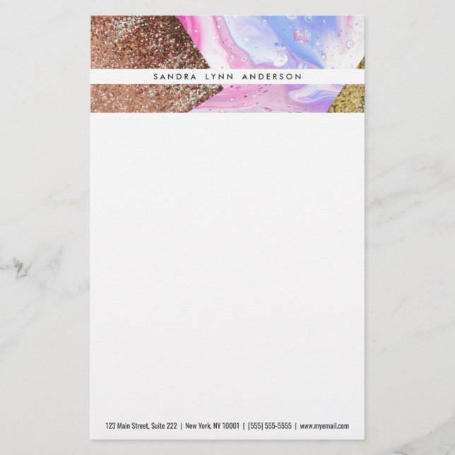 Blush Pink Aqua Blue Liquid Marble Glitter Geo Stationery (Front)