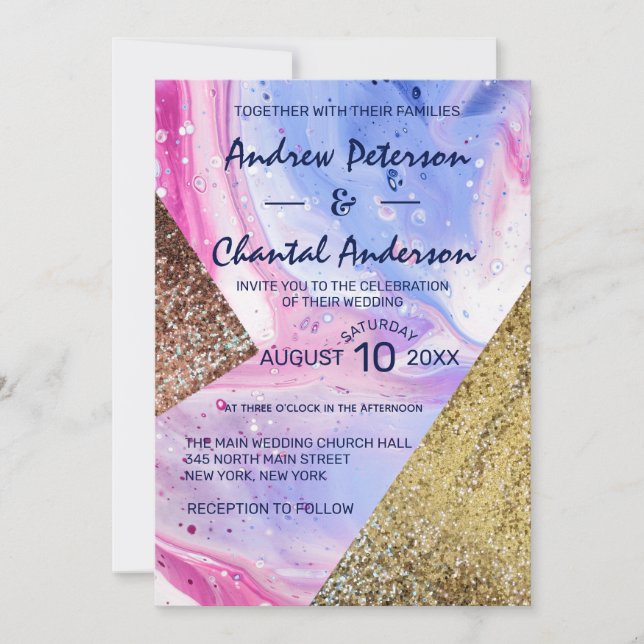 Blush Pink Aqua Blue Liquid Marble Glitter Wedding Invitation (Front)