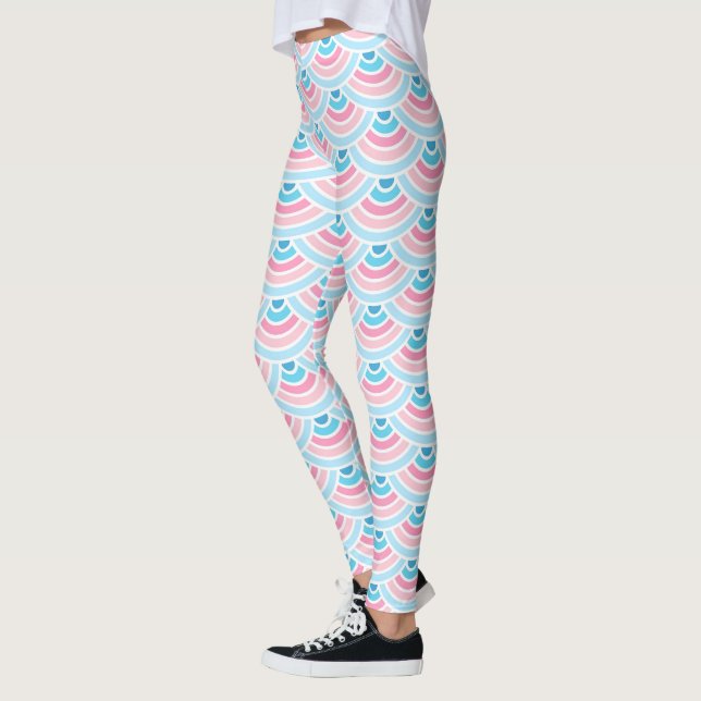 Blush Pink Aqua Blue Wave Circles Art Pattern Leggings (Left)