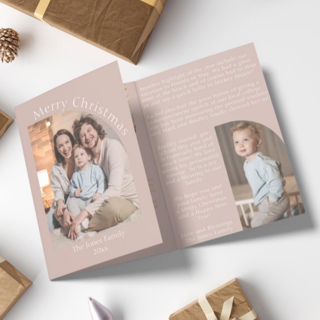 Blush Pink Arch Year in Review Family Update Tri-Fold Holiday Card (blush pink arch photo modern boho Christmas card)
