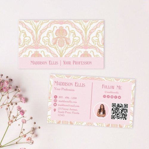 Blush Pink Art Nouveau Floral QR Code and Photo Business Card