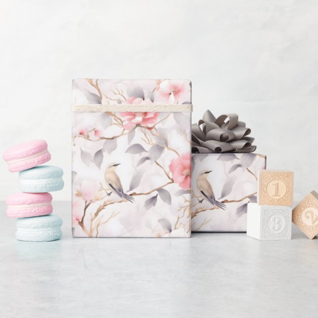 Blush Pink Asian Floral Bird Wrapping Paper (Baby Shower)
