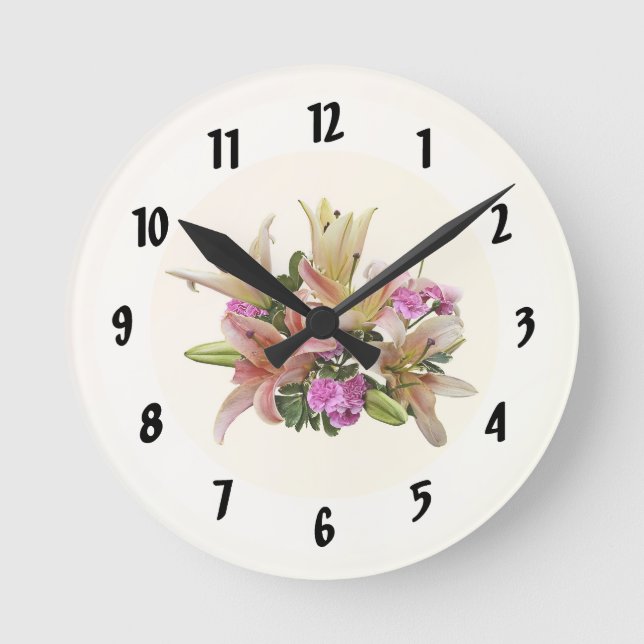 Blush Pink Asiatic Lilies and Carnations Round Clock (Front)