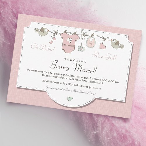Blush Pink Baby Clothesline  Baby Shower Invitation