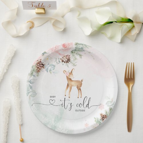 Blush pink baby deer baby its cold outside paper plates