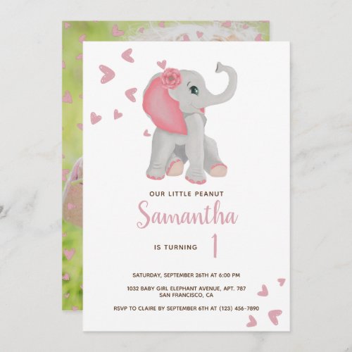 Blush Pink Baby Elephant Watercolor 1st Birthday I Invitation