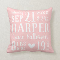 Blush Pink Baby Girl Birth Stats | Editable Colors Throw Pillow