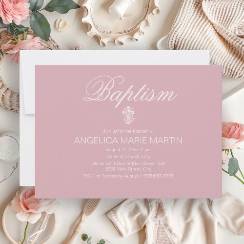 Blush Pink Baby Girl Cross Baptism Invitation