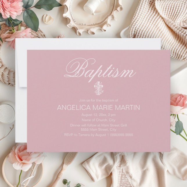 Blush Pink Baby Girl Cross Baptism Invitation (Elegant blush pink baby baptism invitation)