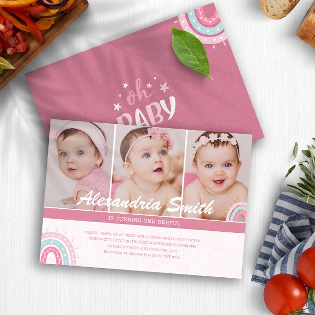 Blush Pink Baby Girl Onederful 1st Birthday Photo Invitation (Cute Baby Girl Pink Boho Onederful 1st Birthday Invitation
)