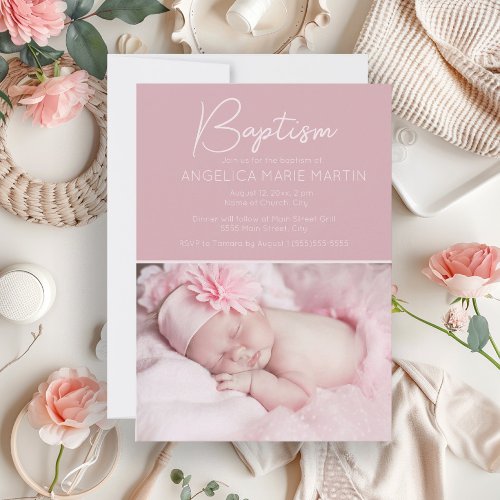 Blush Pink Baby Girl Photo Baptism Invitation