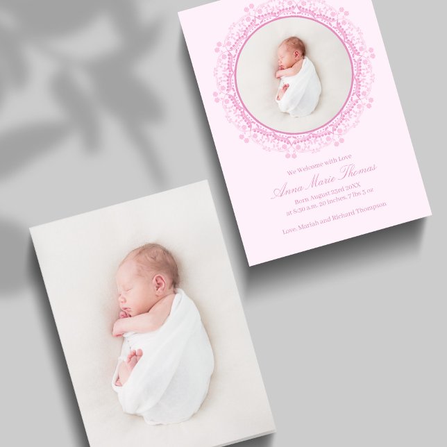 Blush Pink Baby Photo Floral Birth Announcement (Blush pink baby announcement with floral frame and round newborn photo, soft elegant design.)
