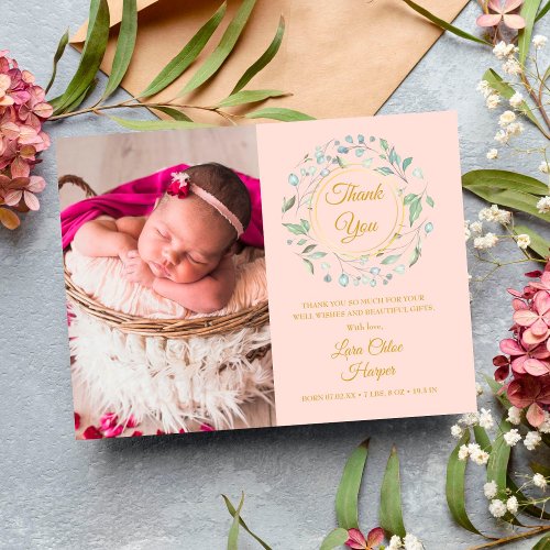 Blush Pink Baby Photo Greenery Thank You Birth Announcement Postcard