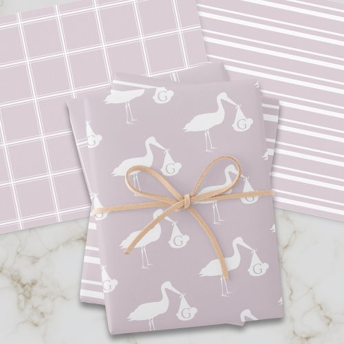 Blush Pink Baby Shower Stork Delivery Monogram Wrapping Paper Sheets