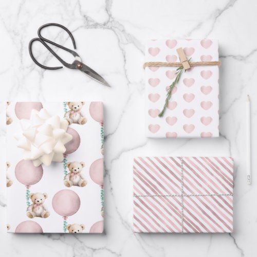 Blush Pink Baby Shower Teddy Bear and Balloon  Wrapping Paper Sheets