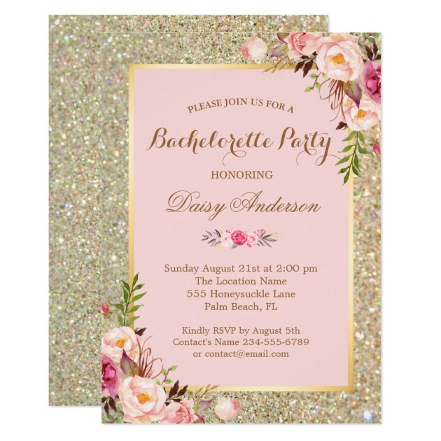 Blush Pink Bachelorette Party Gold Glitter Floral Invitation