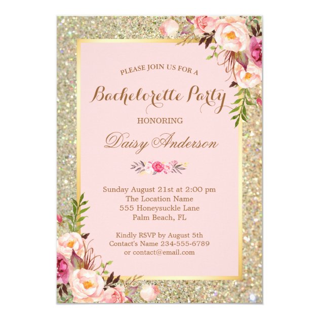 Blush Pink Bachelorette Party Gold Glitter Floral Invitation