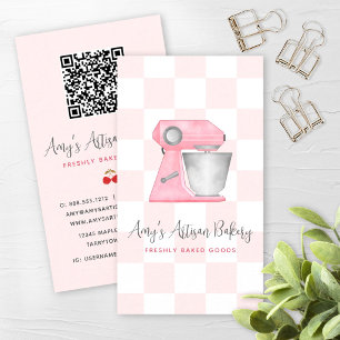 Blush Pink Bakery Mixer Checkered Pattern QR Code Business Card