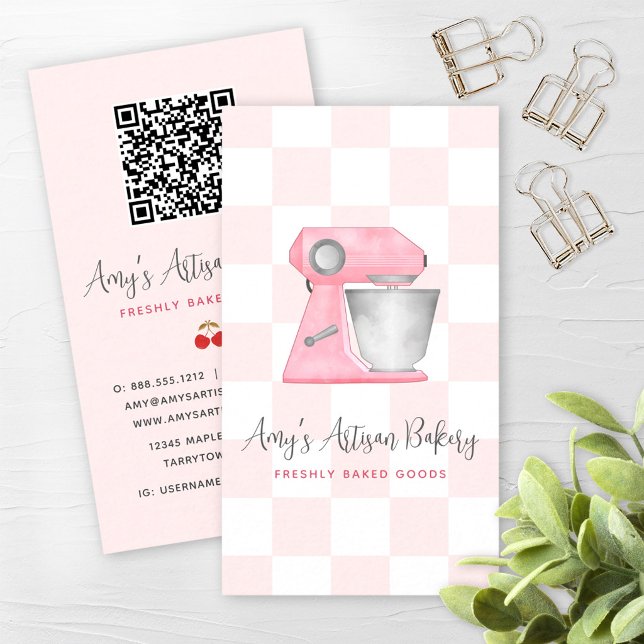Blush Pink Bakery Mixer Checkered Pattern QR Code Business Card (Creator Uploaded)