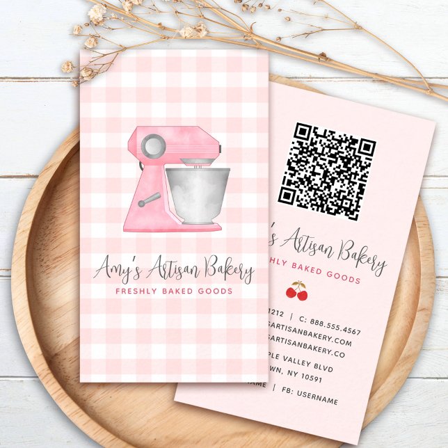 Blush Pink Bakery Mixer Gingham Pattern QR Code Business Card (Creator Uploaded)
