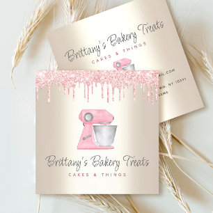 Blush Pink Bakery Mixer Glitter Drips on Gold Square Business Card