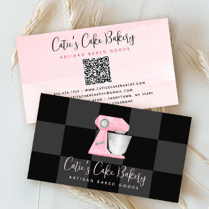 Blush Pink Bakery Mixer QR Code Black Checkered Business Card