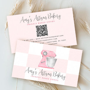 Blush Pink Bakery Mixer QR Code Checkered Pattern Business Card
