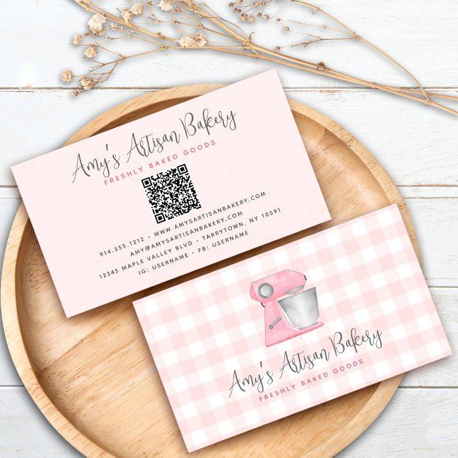 Blush Pink Bakery Mixer QR Code Gingham Pattern Business Card (Creator Uploaded)