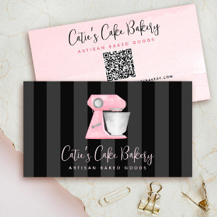 Blush Pink Bakery Mixer QR Code on Black Stripes Business Card