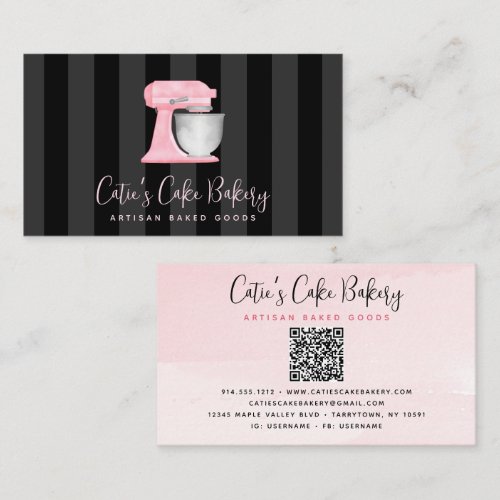 Blush Pink Bakery Mixer QR Code on Black Stripes Business Card